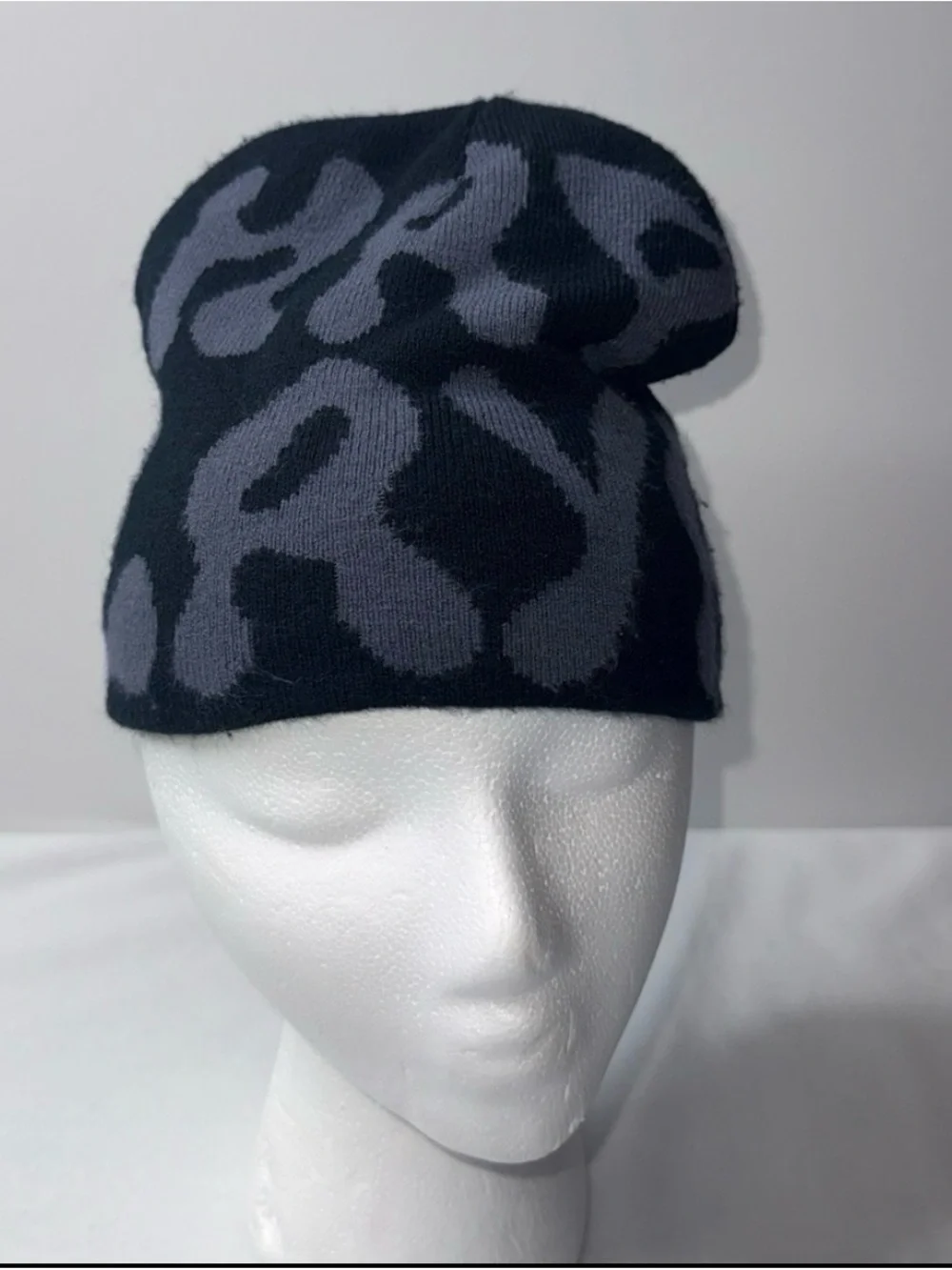 Black and Gray Leopard Knit Beanie